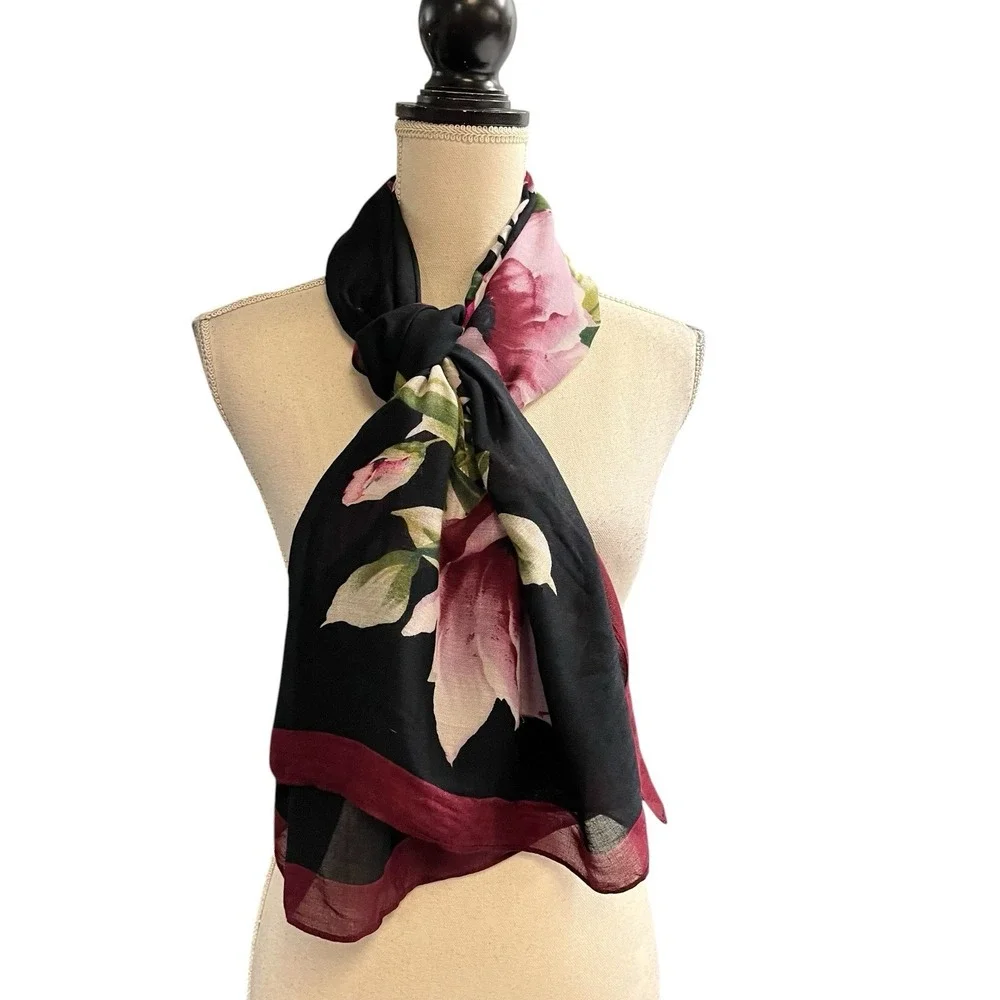 J Jill Scarf Wrap Black Floral Lightweight‎ Rayon Dark Romantic Layer Office